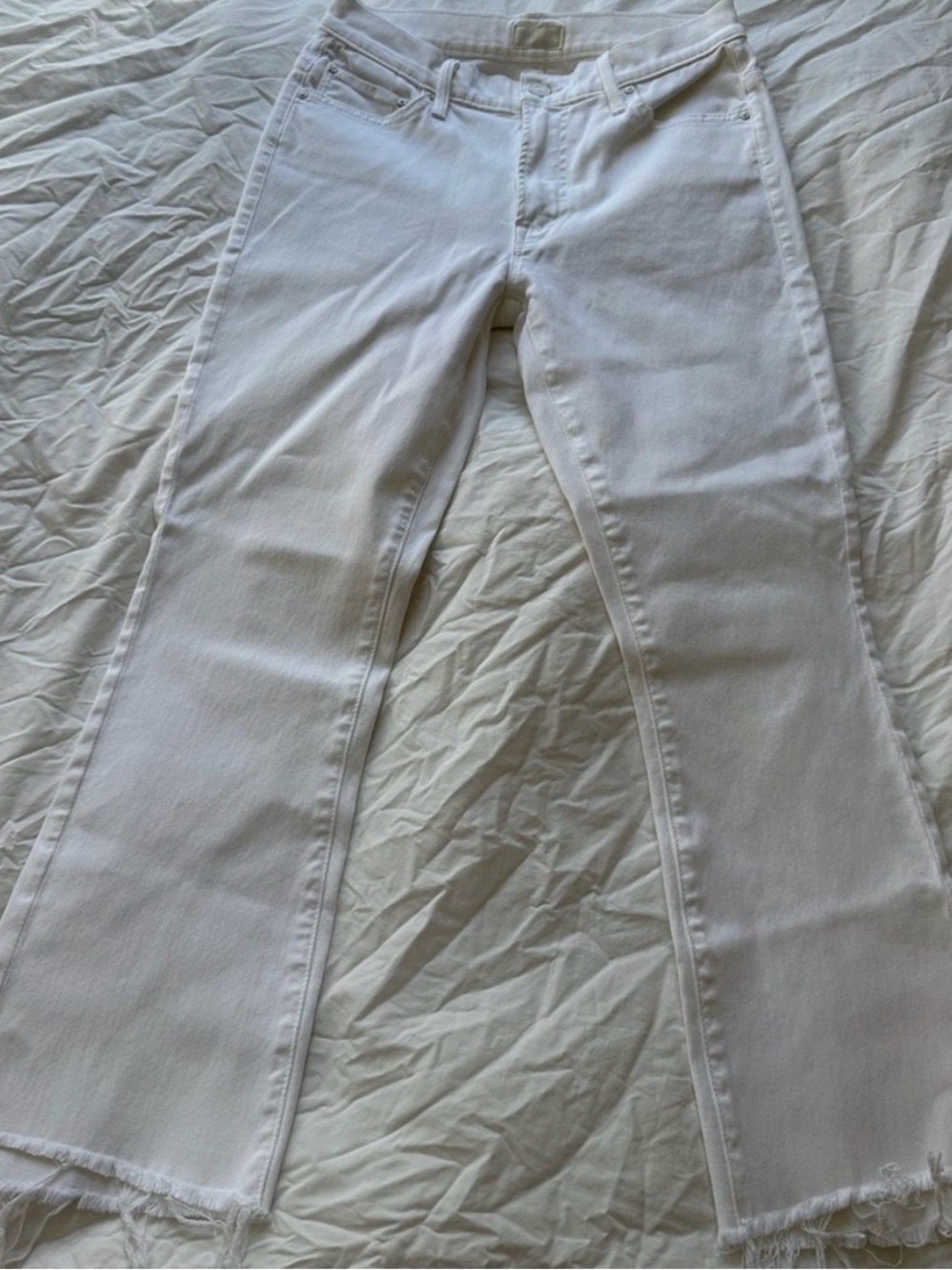 MOTHER White Frayed-Hem Flare Jeans